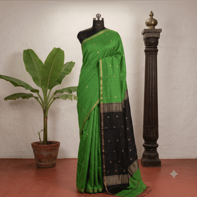 Semi Maheshwari Cotton Saree – Green & Balck