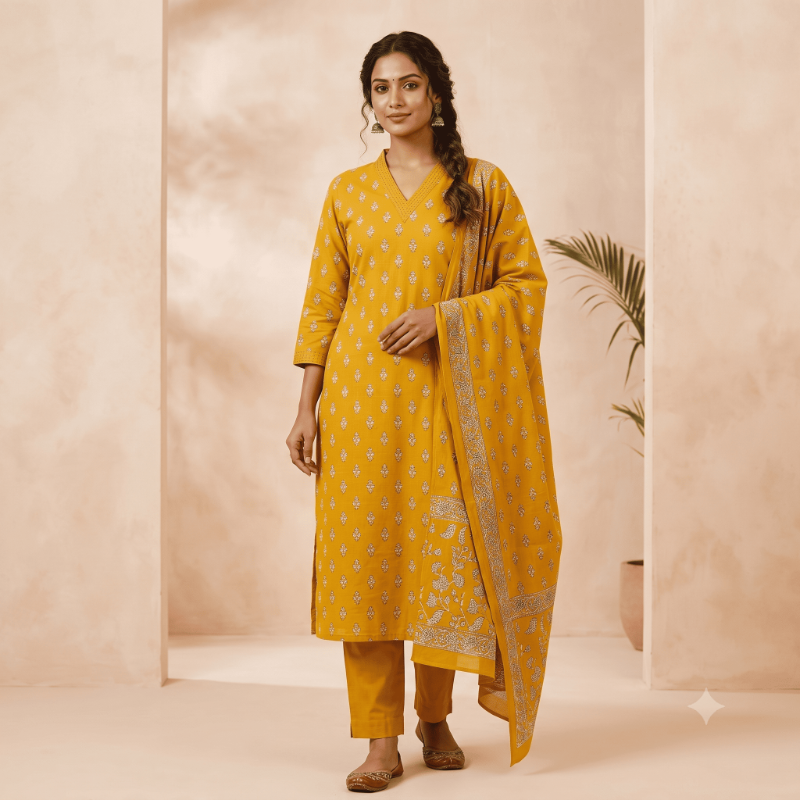 Mustard Yellow Block-Printed Cotton Kurti Set with Dupatta