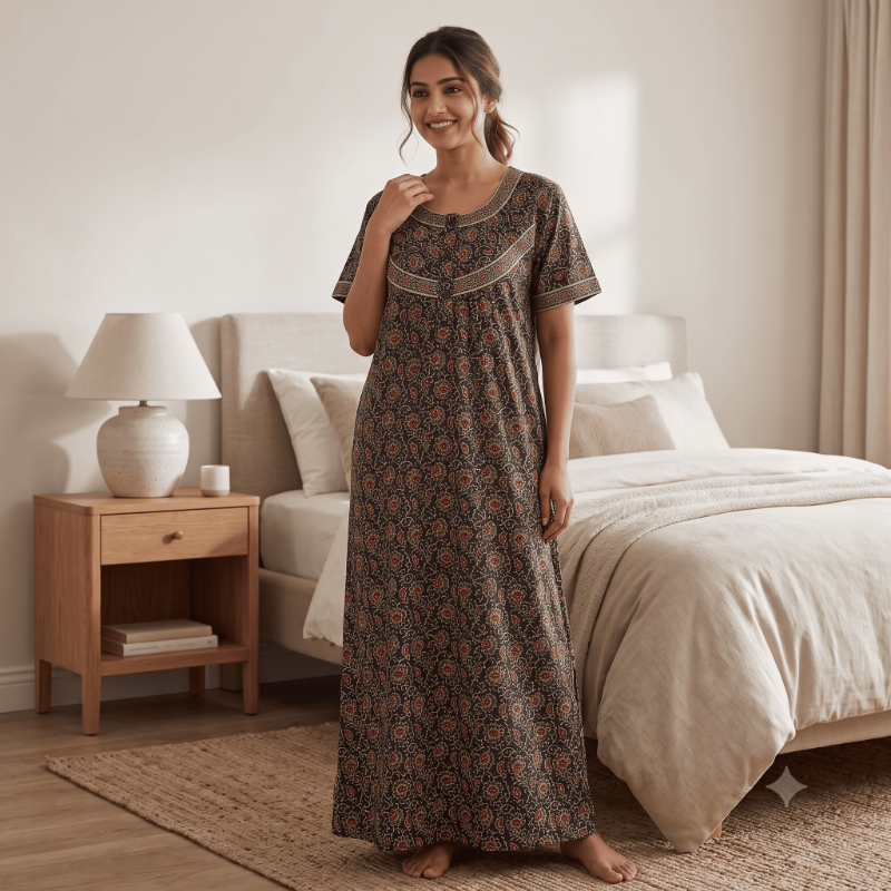 Black Kalamkari Print Cotton Nighty