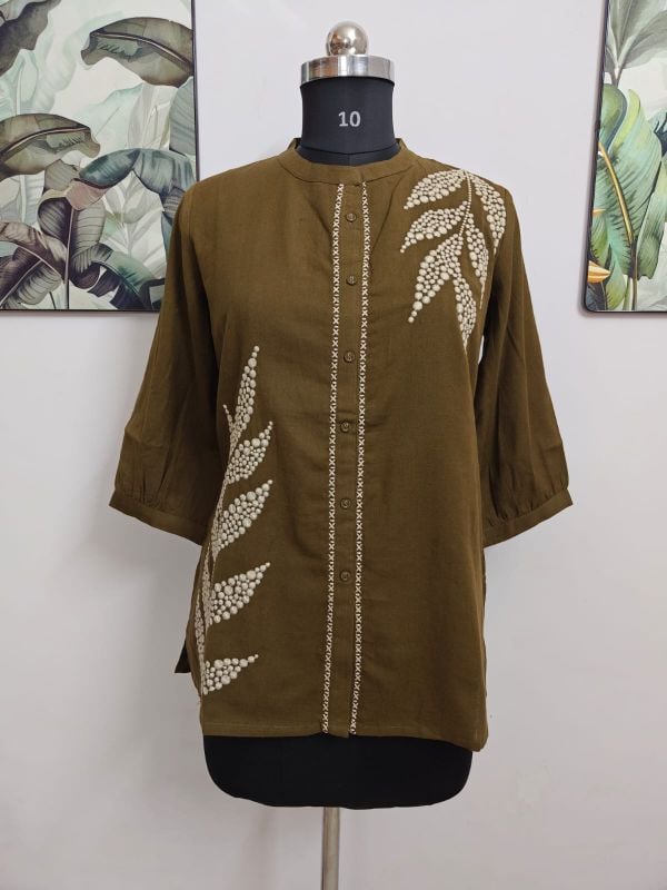 Olive Green Botanical Knot-Embroidered Shirt Kurti
