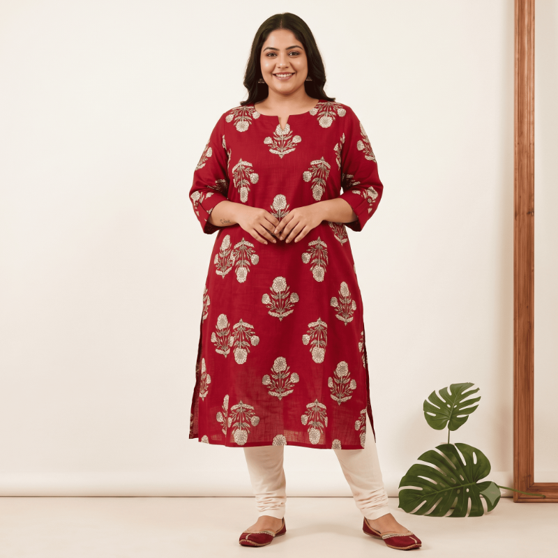 Anvita Red Block Print Slub Cotton Kurti