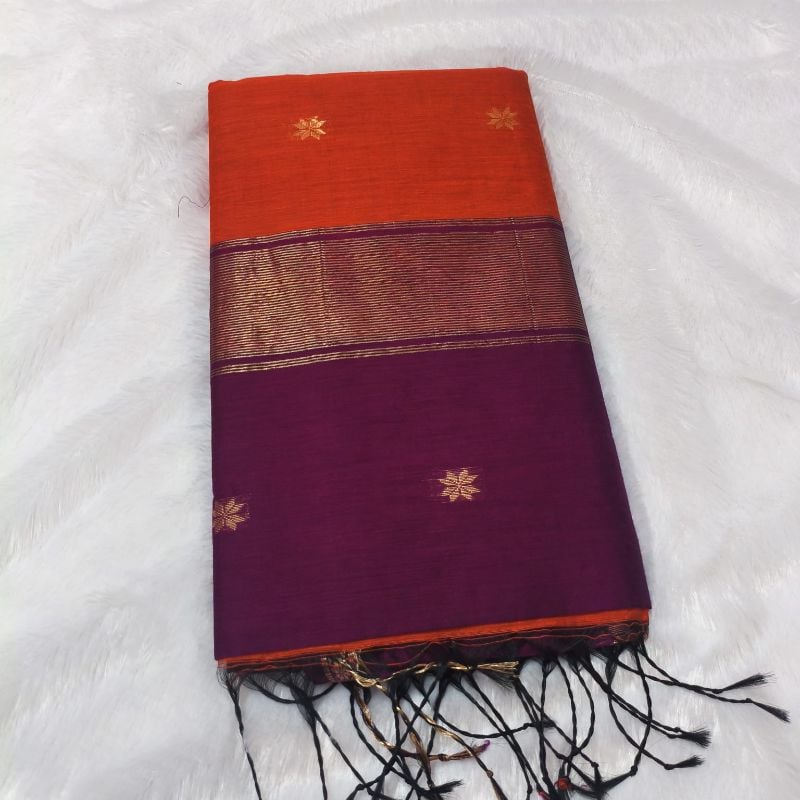 Semi Maheshwari Cotton Saree – Orange & Purple