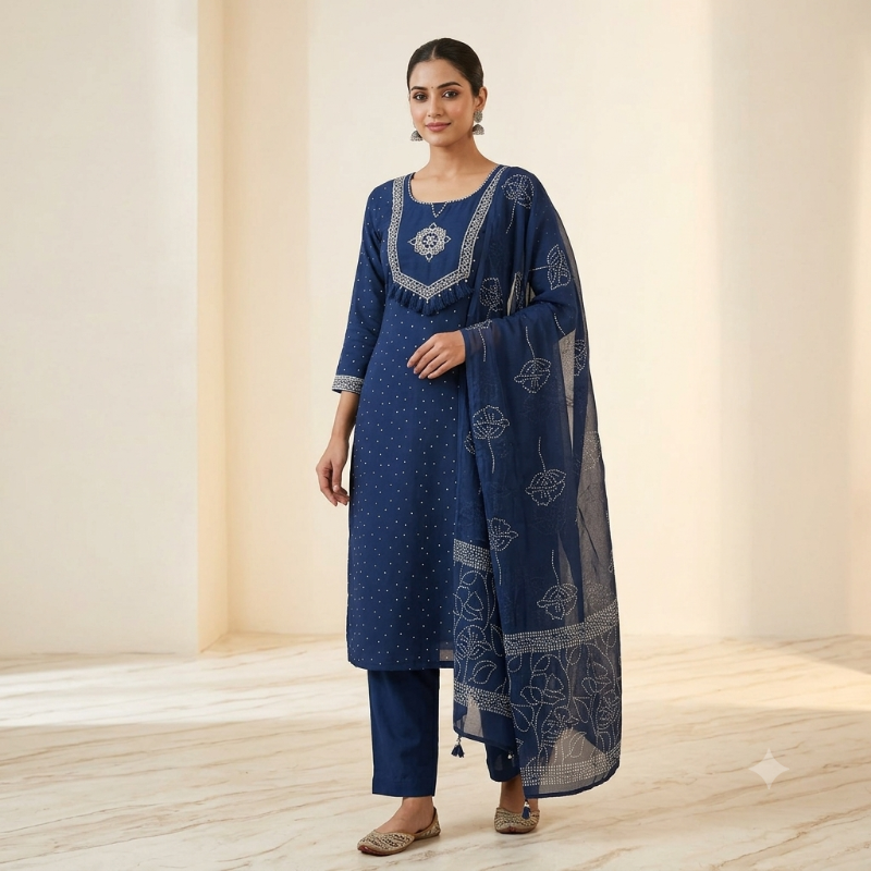 Royal Blue Bandhani Printed Kurta Set with Embroidered Neckline & Floral Dupatta
