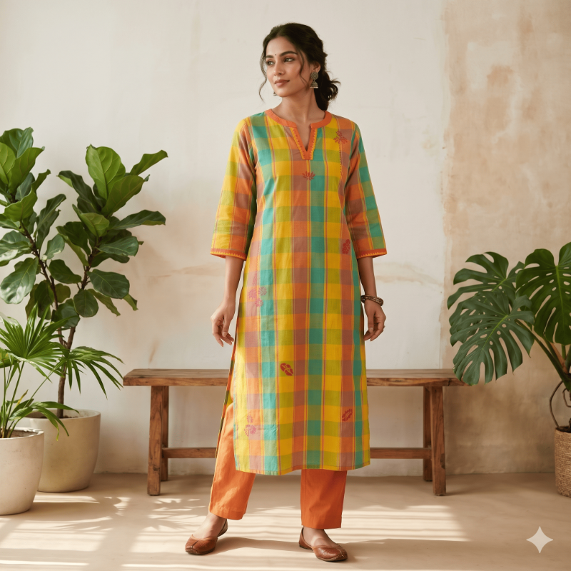 Vibrant Multi-Color Checked Cotton Straight Kurta