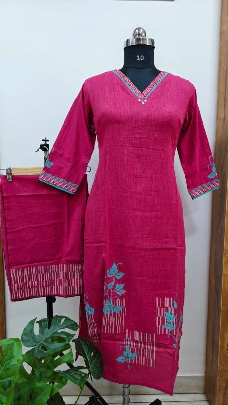 Anvita Deep Magenta-Pink Cotton Kurta Set with Teal Leaf Accents
