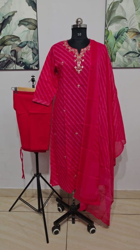 Vibrant Magenta Leheriya Kurta Set with Gota Patti Embroidery
