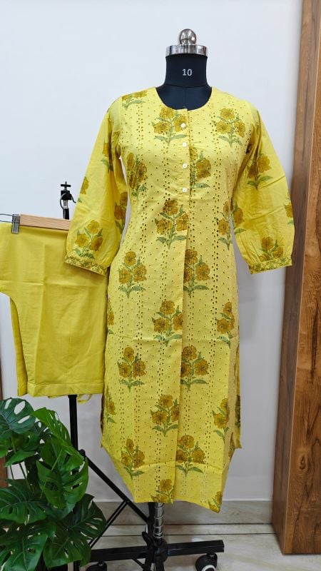 Sunshine Yellow Floral 2-Piece Kurta Set (Chikankari-inspired)
