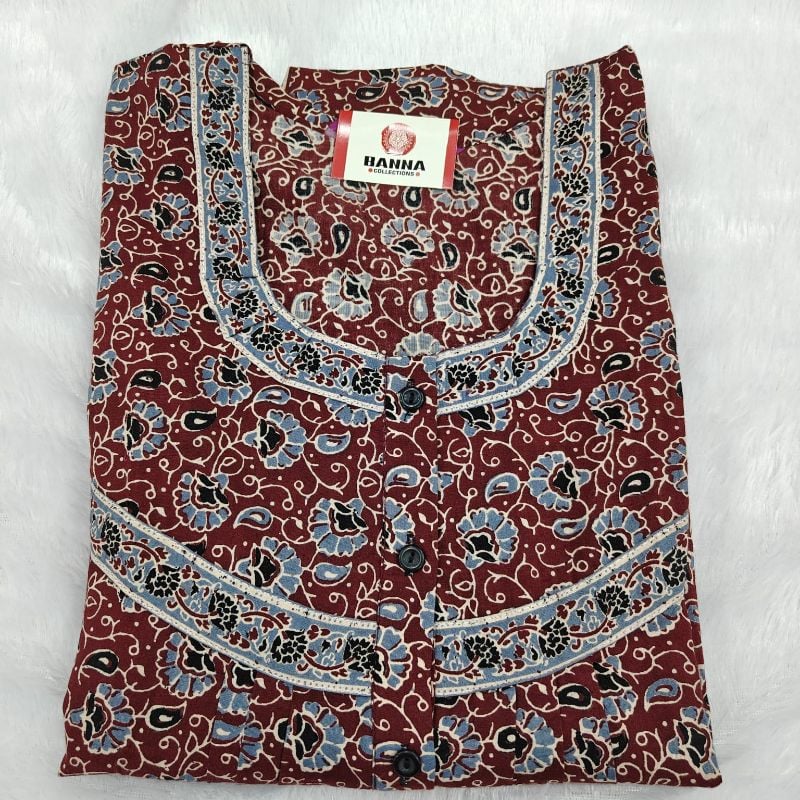 Maroon & Powder Blue Kalamkari Print Cotton Nighty
