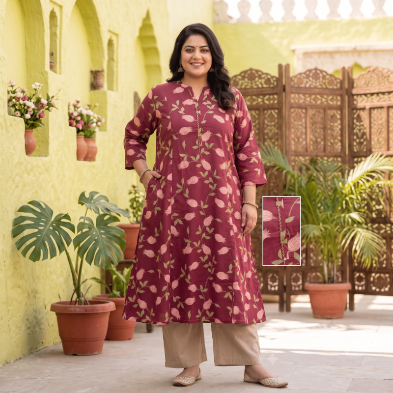 Anvita Maroon Botanical Tulip Print Cotton Kurti