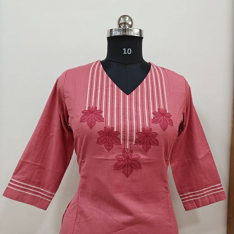 Anvita Coral Pink Cotton Kurti with Embroidery