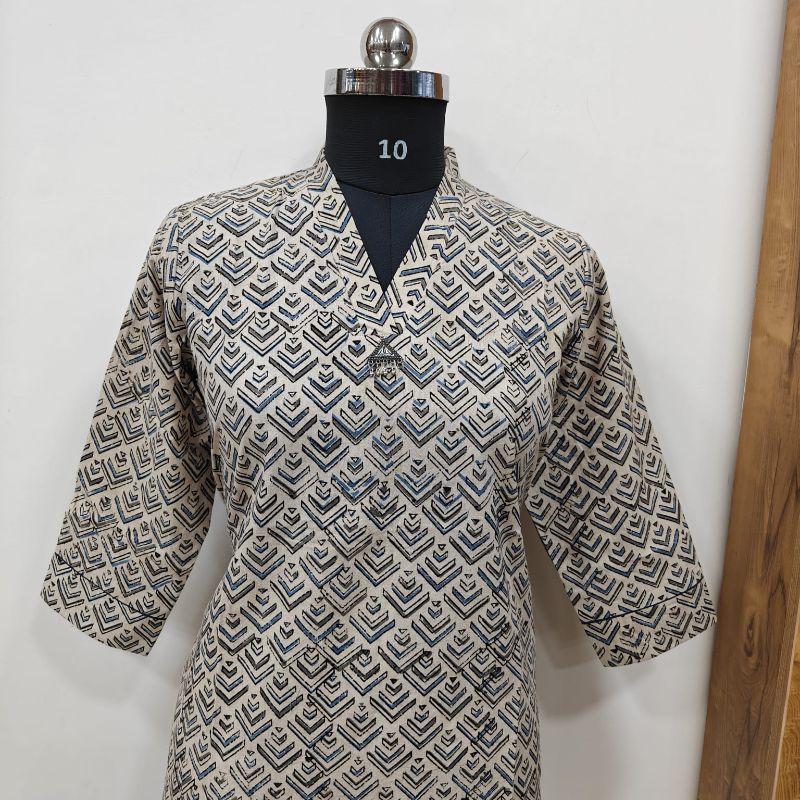 Anvita Beige & Slate Geometric Block-Printed Short Kurti