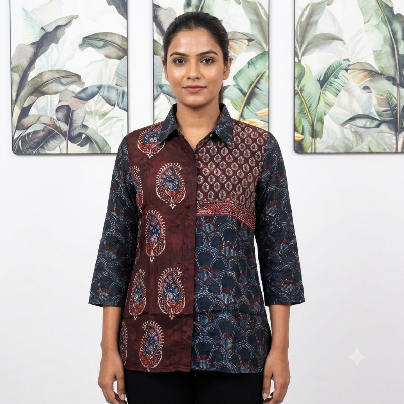 Maroon & Indigo Patchwork Print Short Shirt Tunic / Top