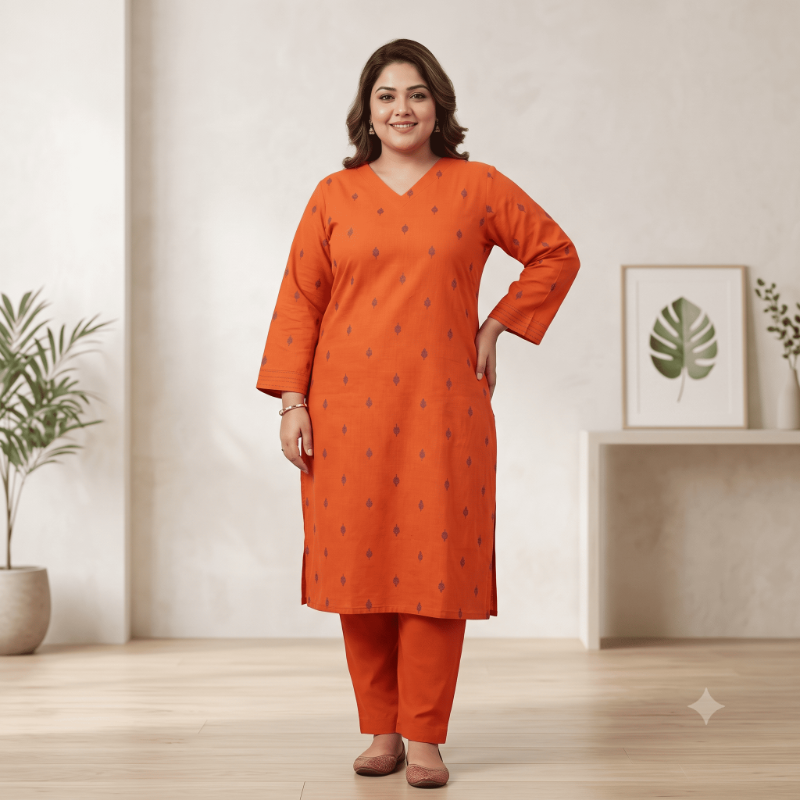 Rust Orange 2-Piece Kurta & Trousers Set( pluse size collections)