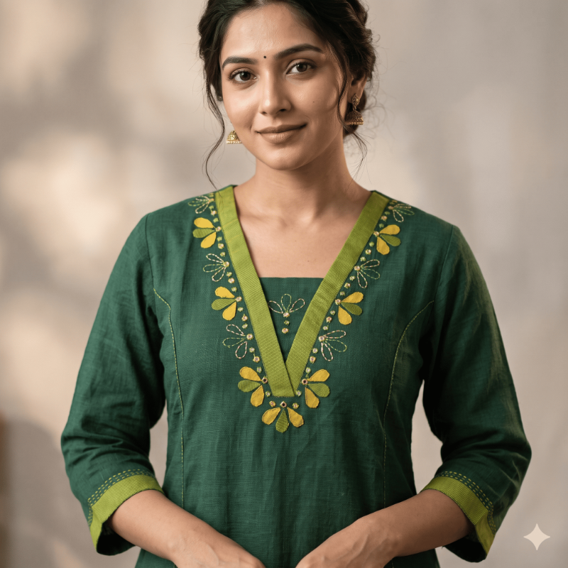 Anvita Bottle Green Cotton Straight Kurta