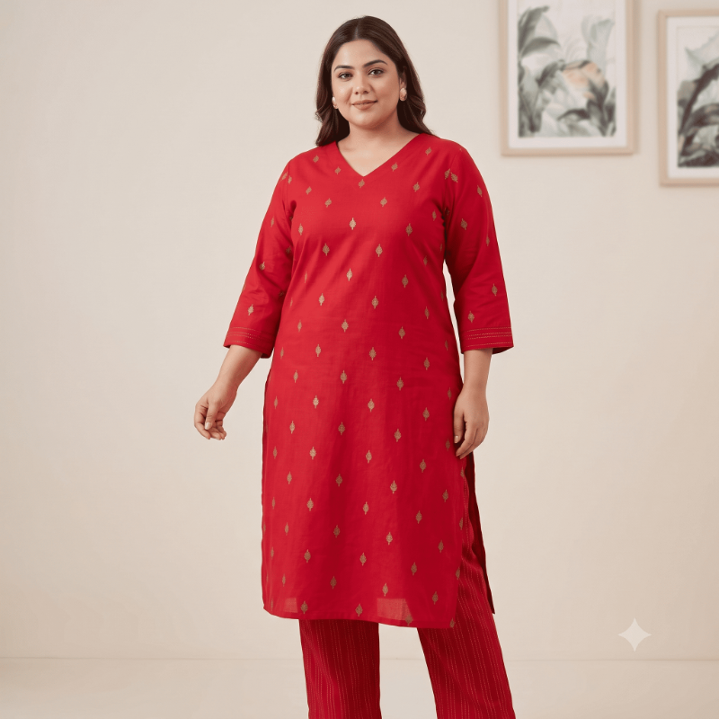 Vibrant Red 2-Piece Kurta & Trousers Set (pluse size collections)