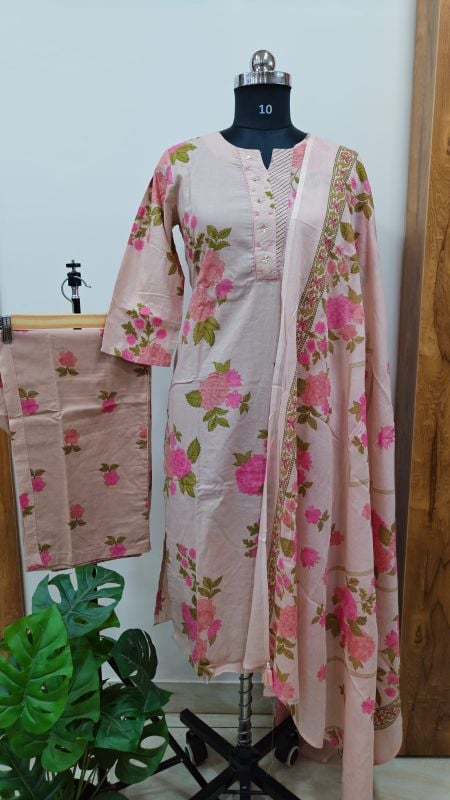 Blush Pink Floral Block Print 3-Piece Kurta Set