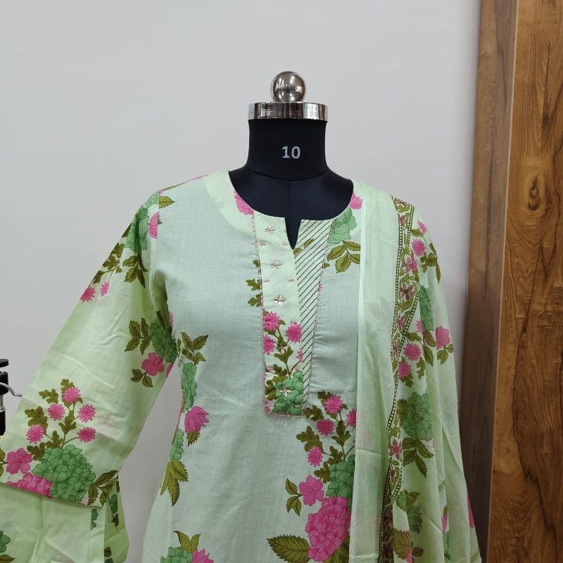 Light green Floral Block Print 3-Piece Kurta Set