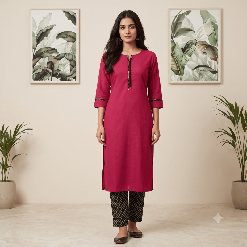 Anvita Magenta Pink & Black Printed 2-Piece Kurti Set