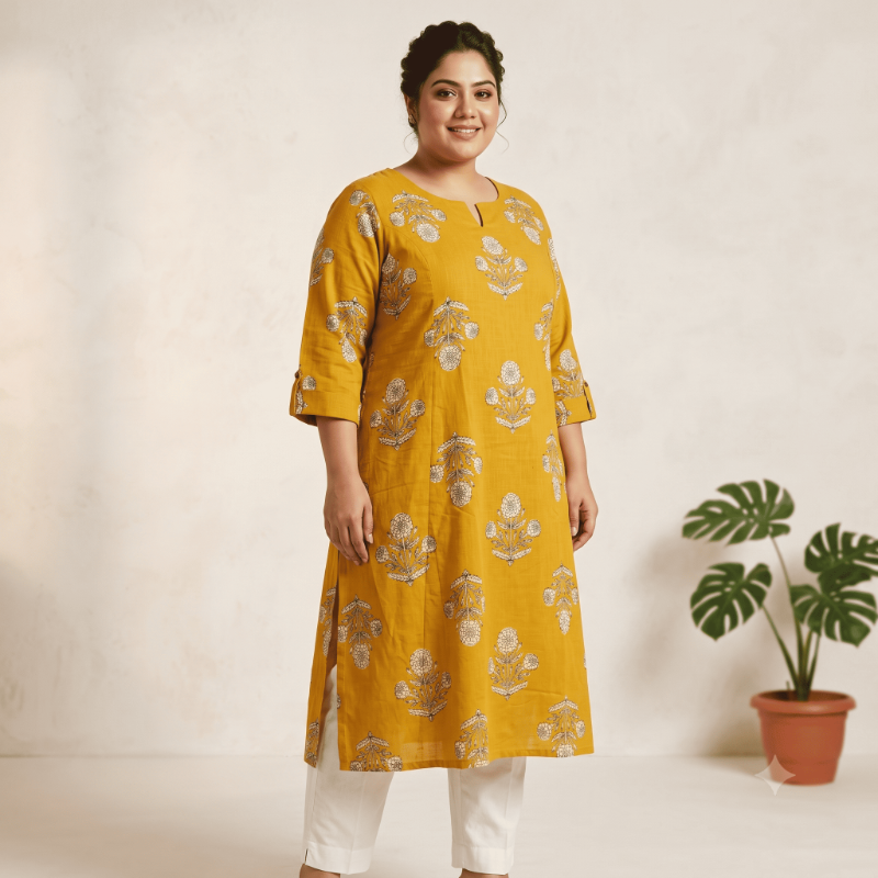 Anvita Mustard Yellow Block Print Slub Cotton Kurti