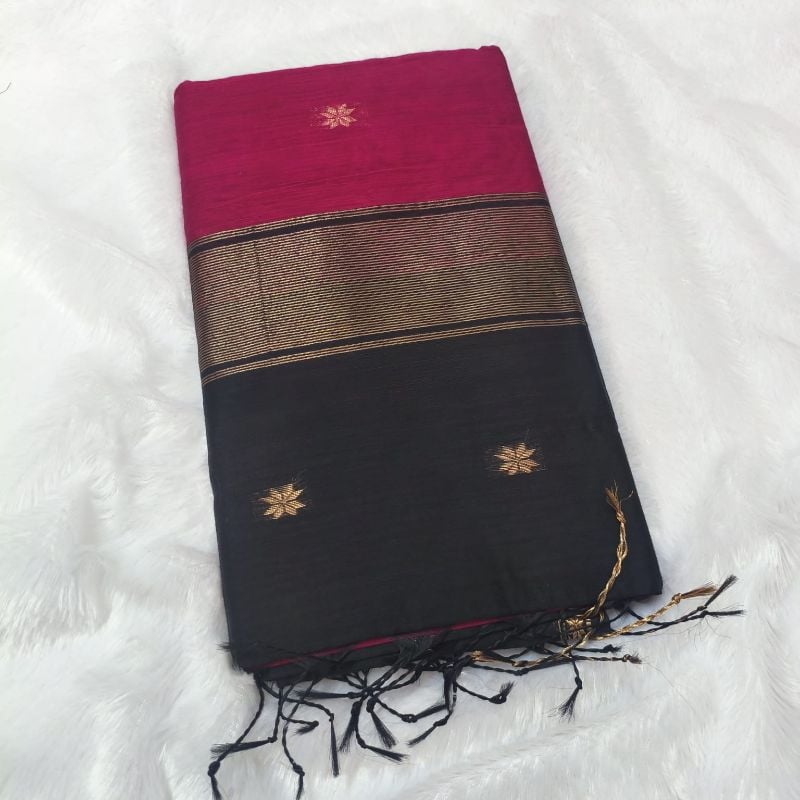 Semi Maheshwari Cotton Saree – Magenta Pink & Balck