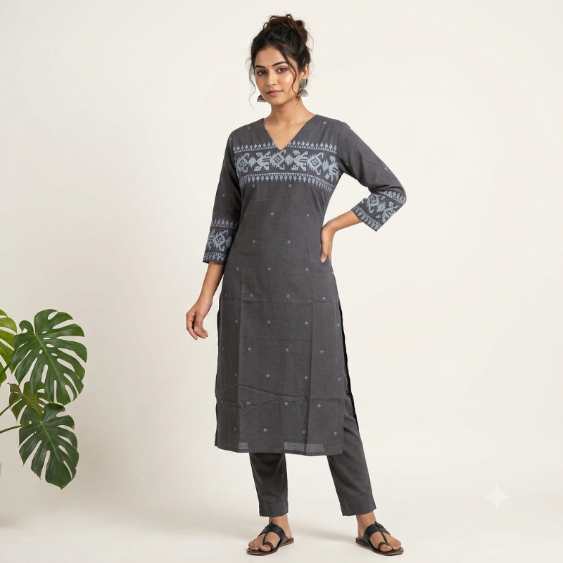 Anvita Gray Ikat-Inspired Cotton Straight Kurti