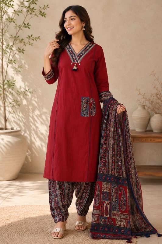Maroon Kalamkari & Ajrakh Print 3-Piece Kurta Set