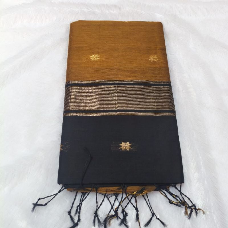 Semi Maheshwari Cotton Saree – Mustard Gold & Black
