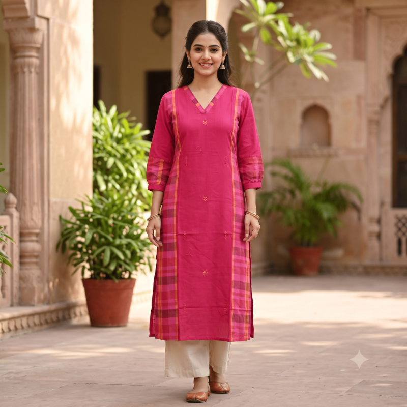 Magenta Pink A-Line Kurti with Madras Checks Detailing