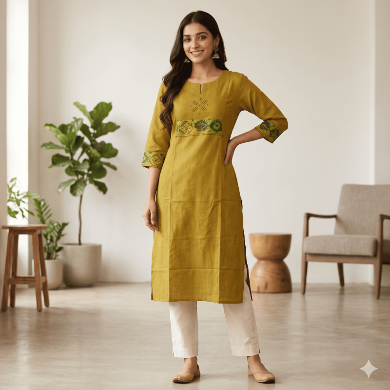Anvita Olive Gold Cotton Straight Kurta