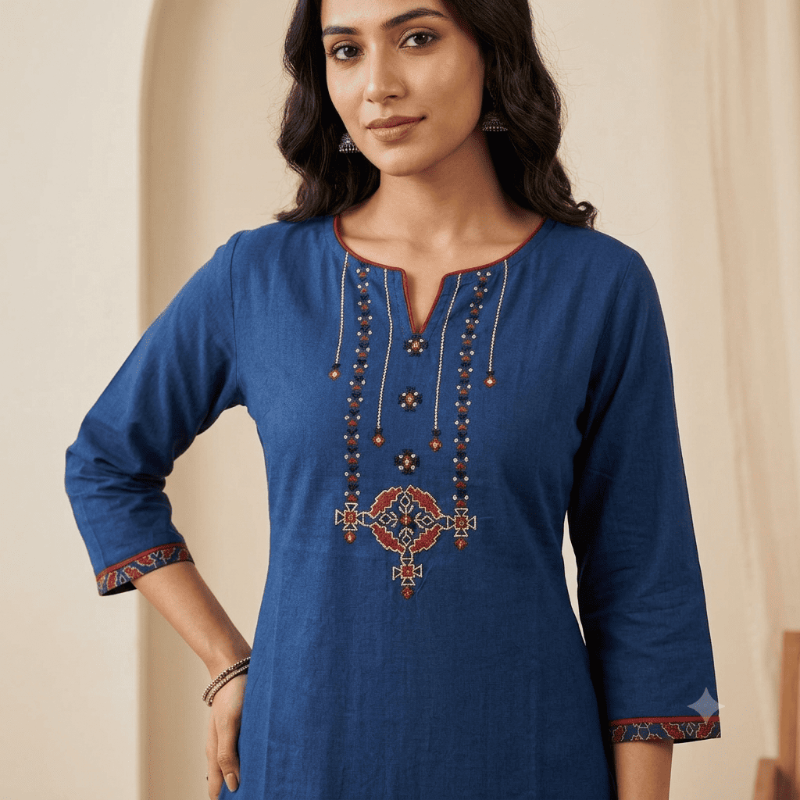 Anvita Royal Blue Embroidered Cotton Kurta