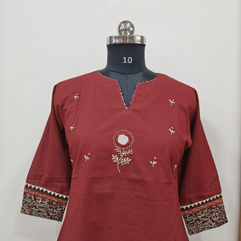 Maroon Embroidered Short Kurti