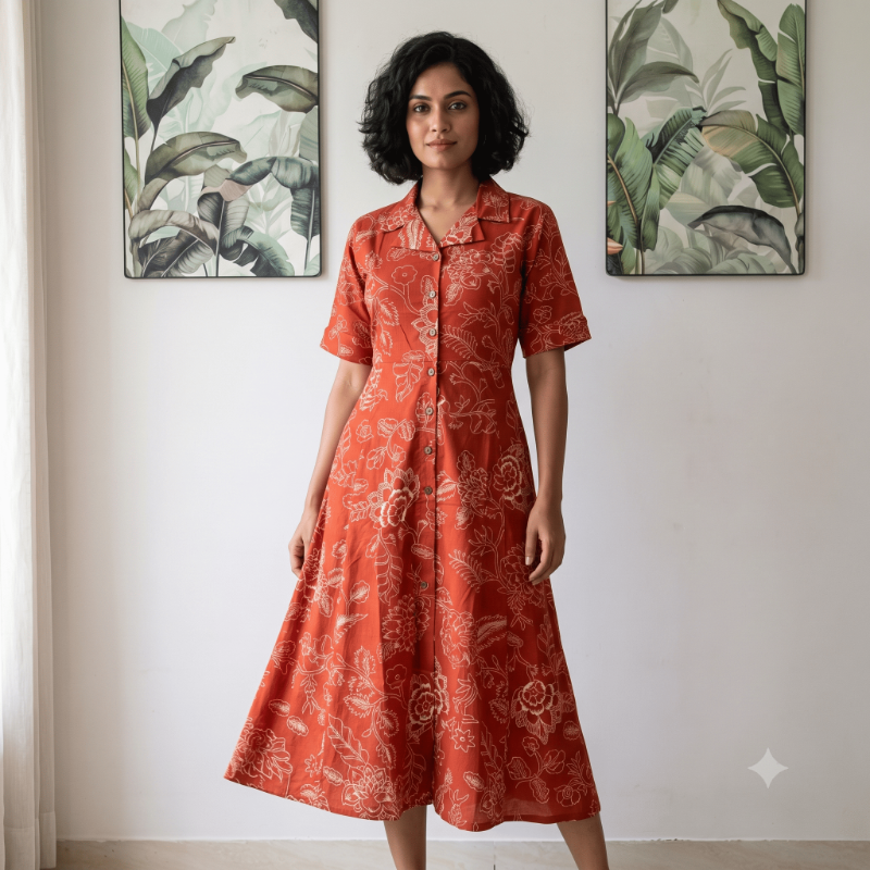 Anvita Rust Lily Floral Shirt-Style Maxi Dress