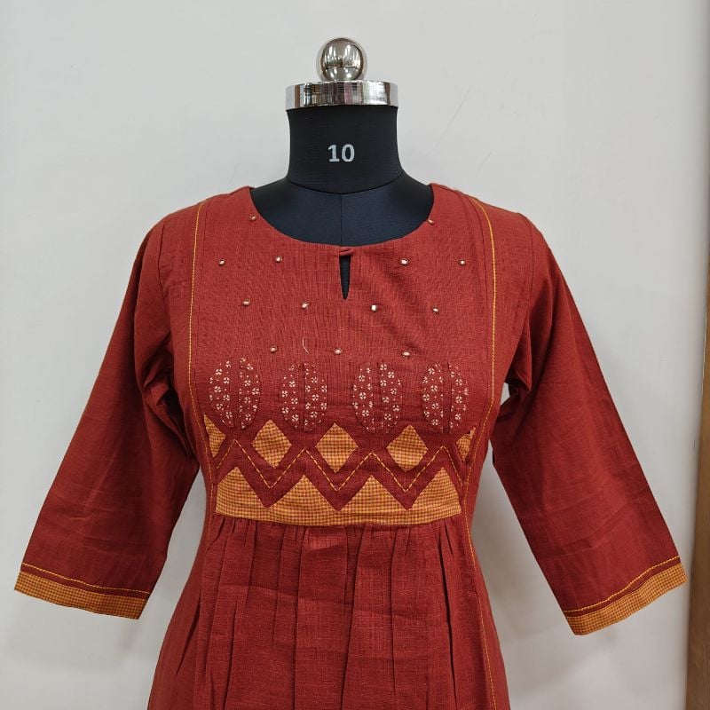 Anvita brand Rust Red Yoke-Embroidered Gathered Kurti