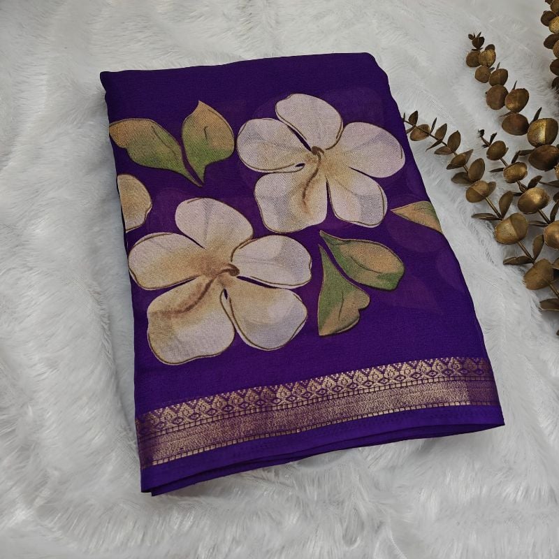 Elegant deep royal purple Floral Chiffon Saree with Zari Border