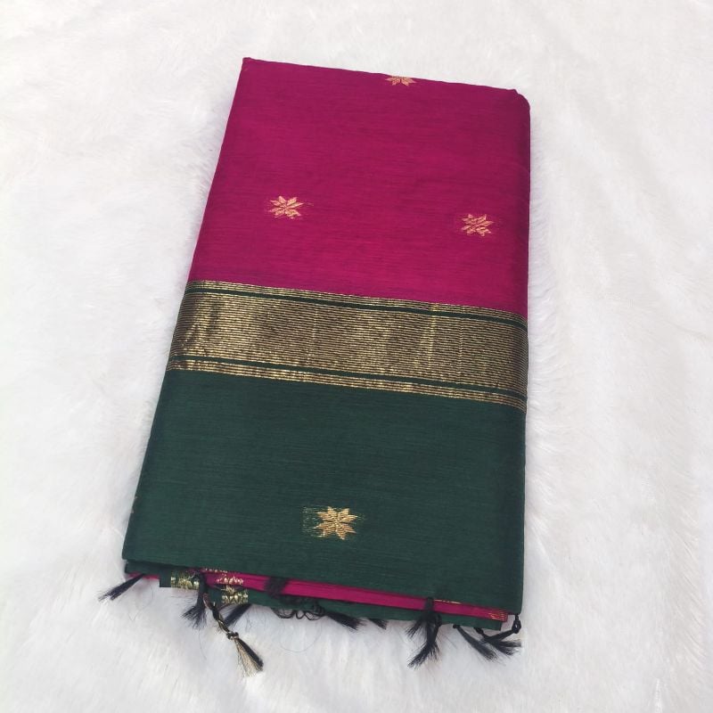 Semi Maheshwari Cotton Saree –  Magenta Pink & Bottle Green