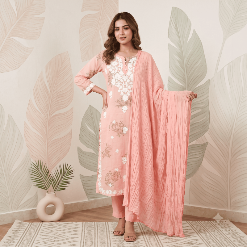 Peach Floral & Chikankari Embroidered 3-Piece Kurta Set