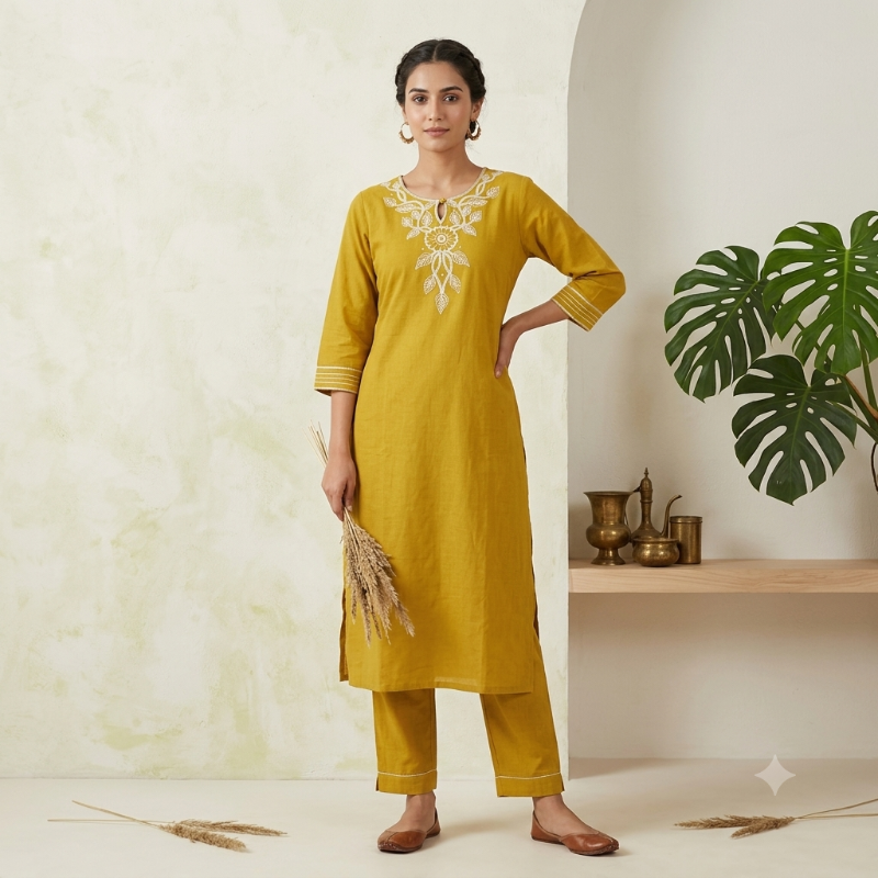 Anvita Mustard Yellow Yoke Embroidered 2-Piece Kurta Set