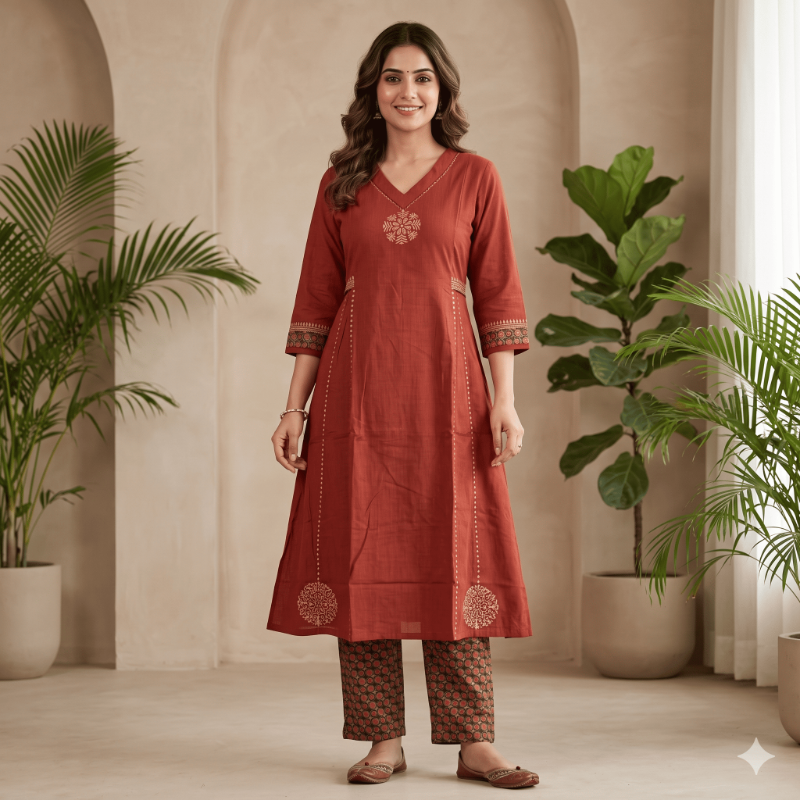 ANVITA Rust Red Printed A-Line 2 Piece kurta Set