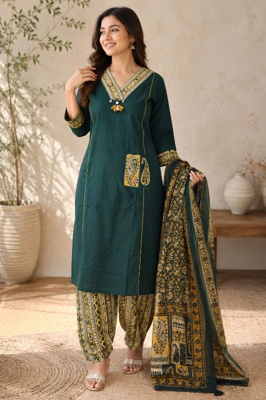Bottle Green Kalamkari Block Print 3-Piece Kurta Set