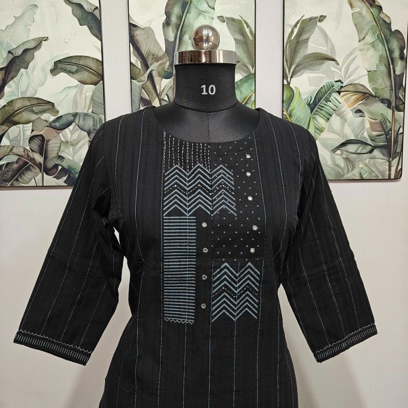Anvita Charcoal Black Striped Yoke-Embroidered Kurta