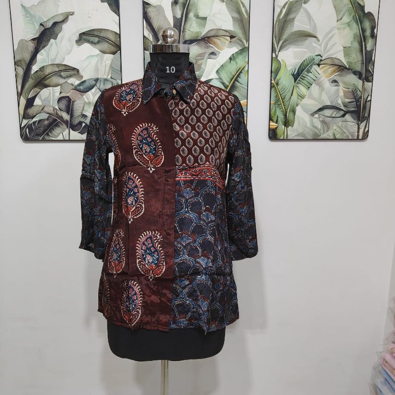 Maroon & Indigo Patchwork Print Short Shirt Tunic / Top