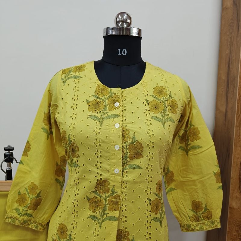 Sunshine Yellow Floral 2-Piece Kurta Set (Chikankari-inspired)