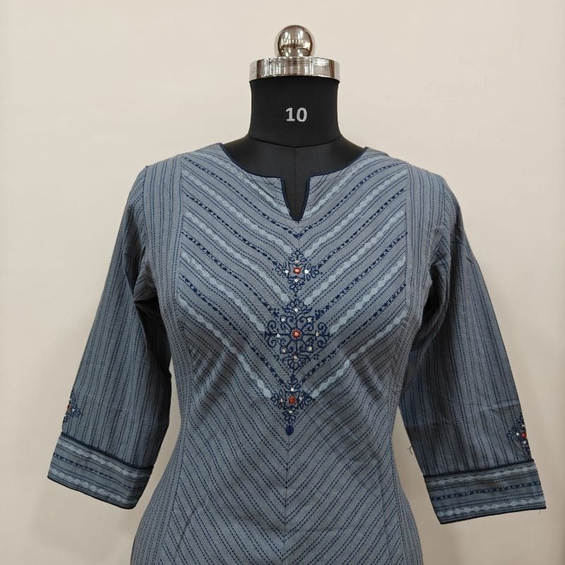 Anvita Steel Blue Chevron-Patterned Cotton Straight Kurti