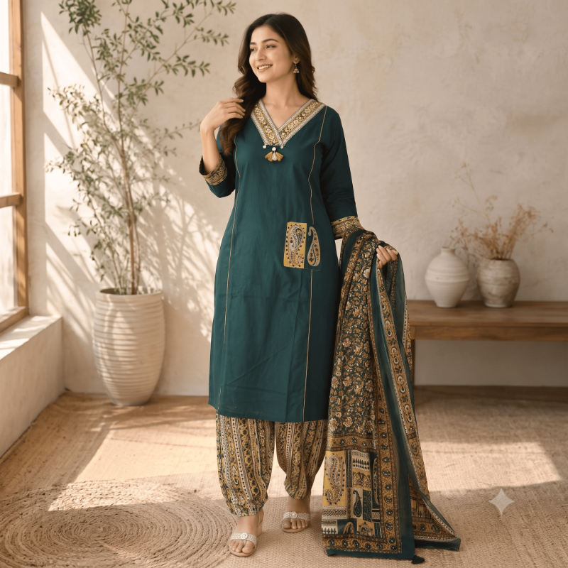 Bottle Green Kalamkari Block Print 3-Piece Kurta Set
