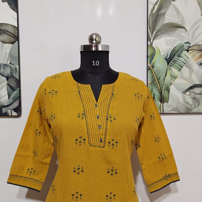Anvita Mustard Yellow Printed Cotton Kurti / Long Top
