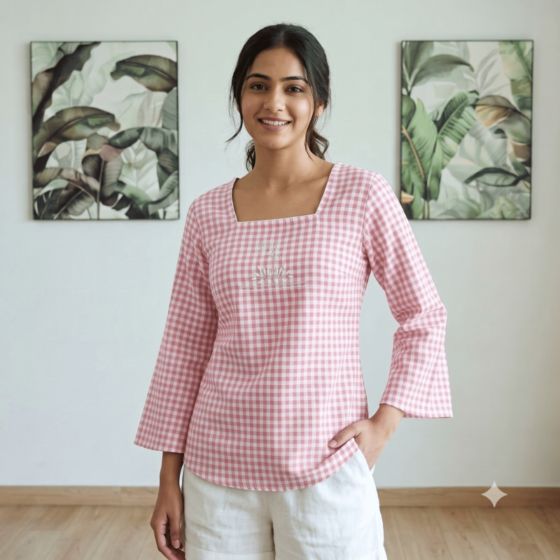 Pink & White Checkered Embroidered Square-Neck Short Kurti
