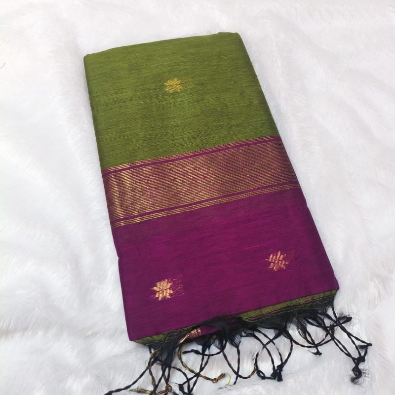 Semi Maheshwari Cotton Saree – Green & magenta