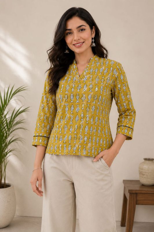 Anvita Mustard Floral Block-Printed Short Kurti