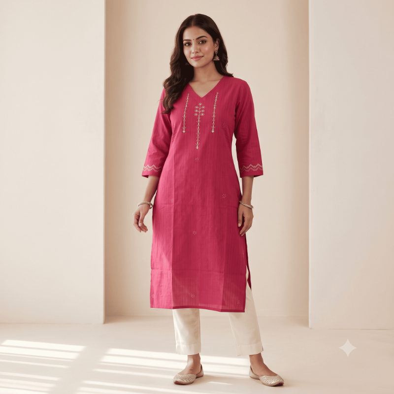 Anvita Deep Magenta Embroidered work Cotton Kurta