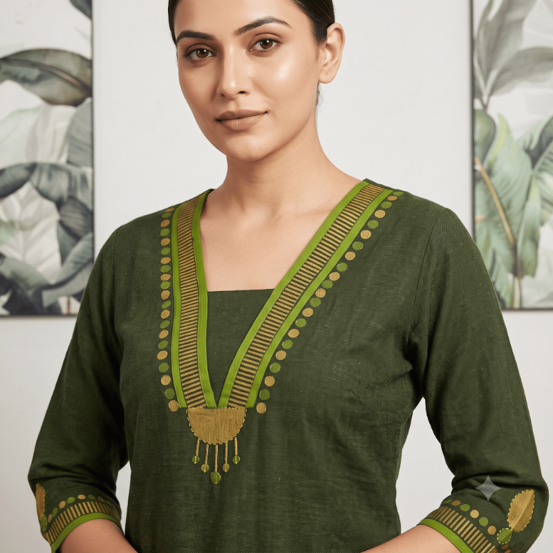 Anvita Women Olive Green Textured Straight Cotton Kurti